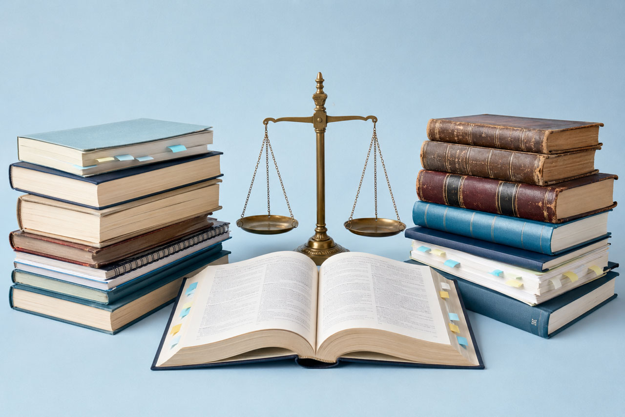 Stacks of law books surrounding scales of justice and an open reference book