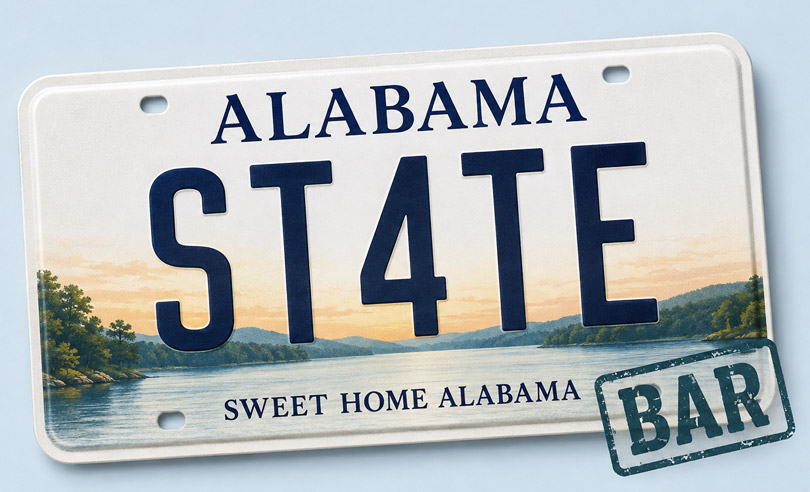 Alabama state license plate banner for ST4TEBAR online bar exam preparation and legal courses