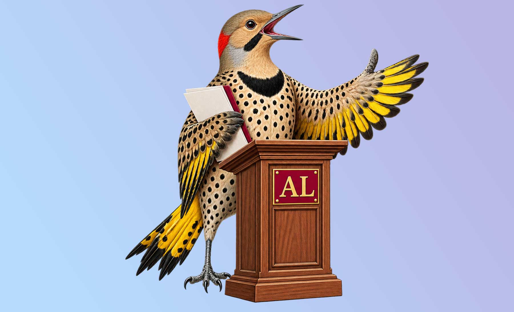 Alabama legal humor illustration: a yellowhammer delivering the opening argument