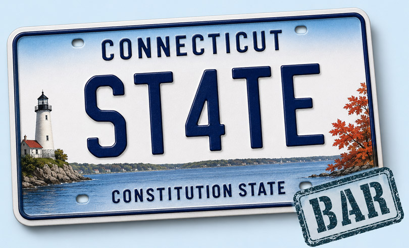 Connecticut state license plate banner for ST4TEBAR online bar exam preparation and legal courses