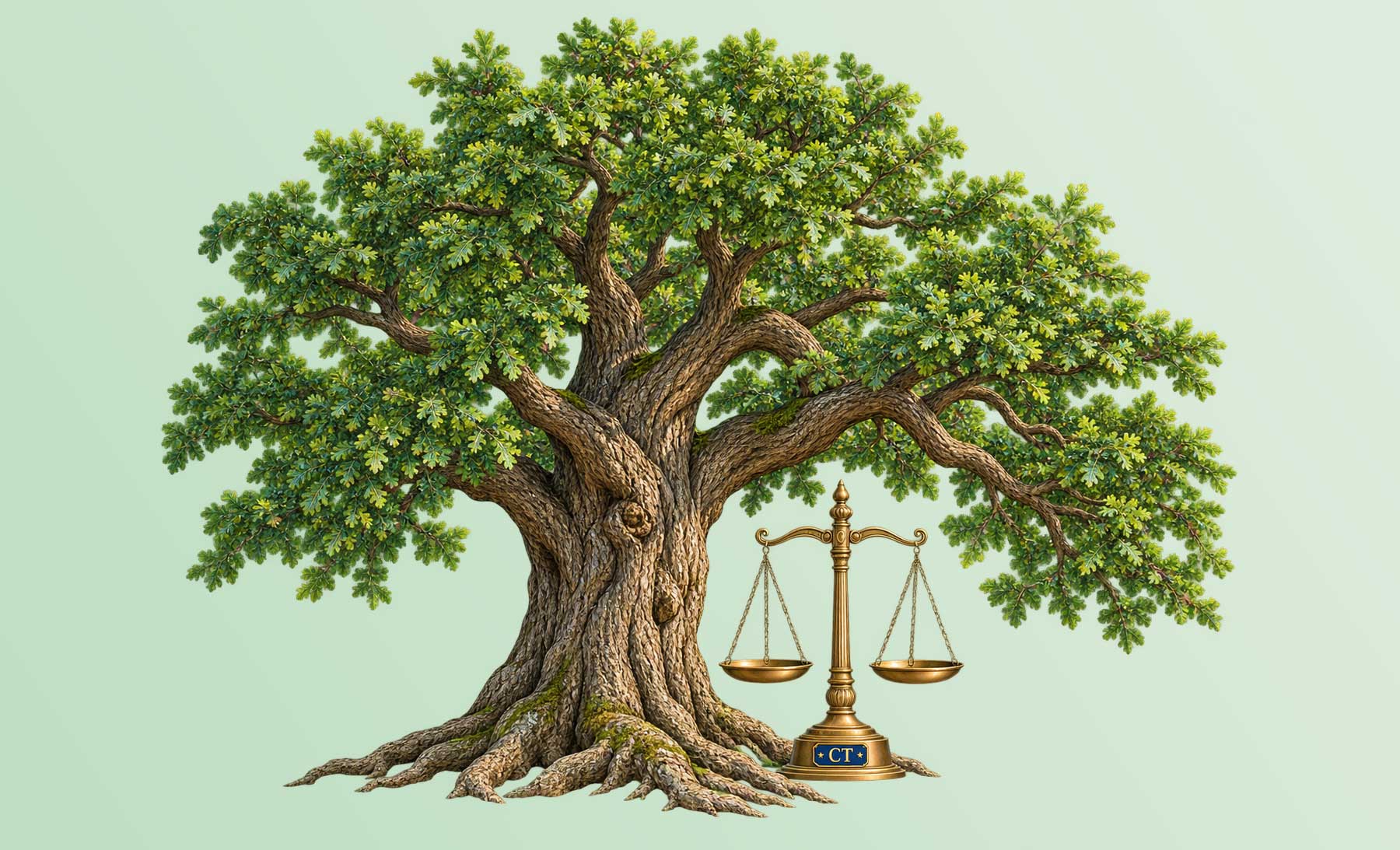 Connecticut legal humor illustration: a charter oak shading the scales of justice