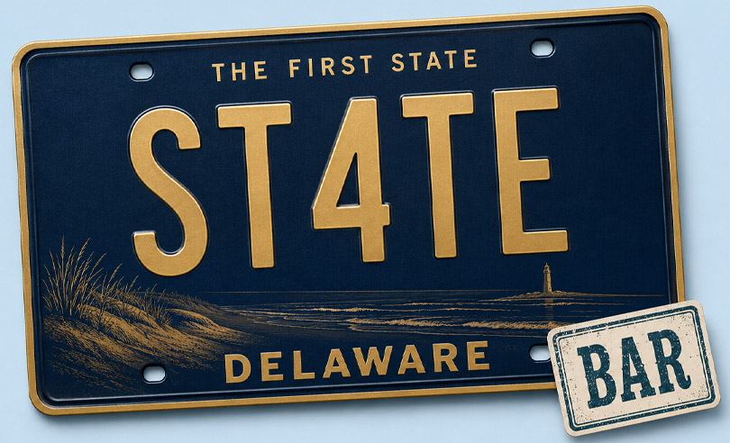 Delaware state license plate banner for ST4TEBAR online bar exam preparation and legal courses