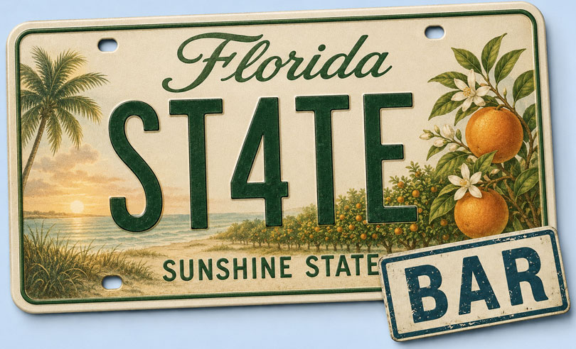 Florida state license plate banner for ST4TEBAR online bar exam preparation and legal courses