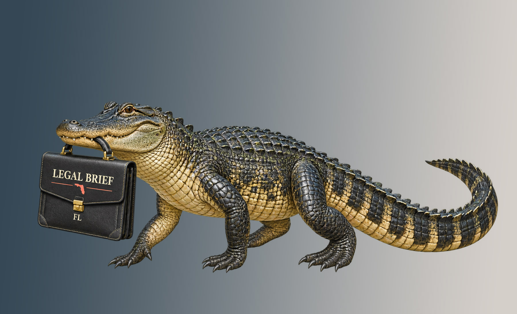 Florida legal humor illustration: an alligator carrying a legal brief
