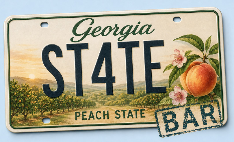 Georgia state license plate banner for ST4TEBAR online bar exam preparation and legal courses