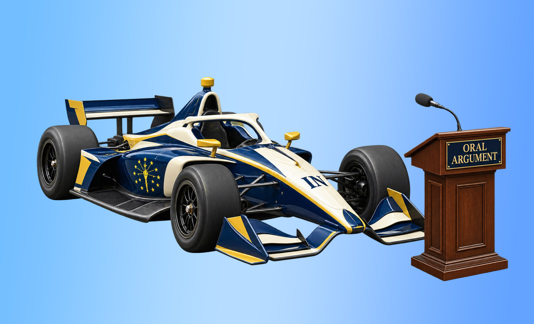 Indiana legal humor illustration: a race car stopping for oral argument