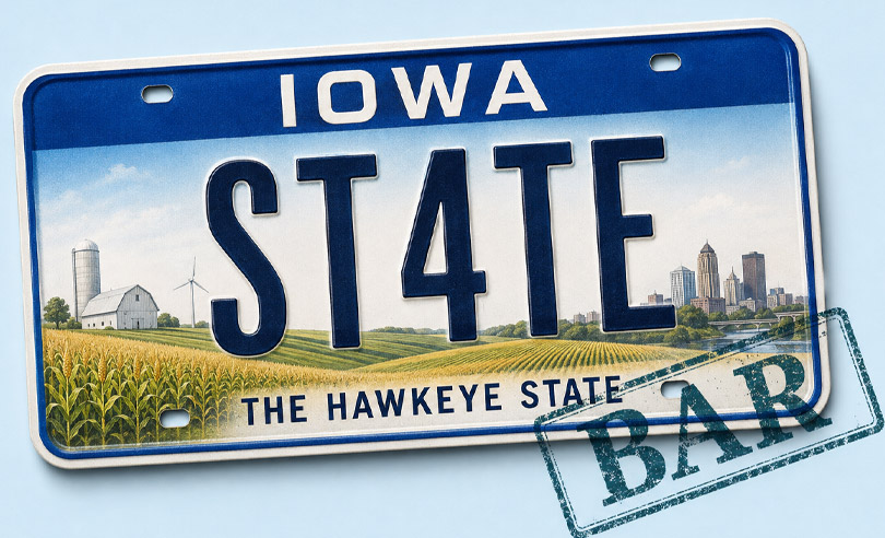Iowa state license plate banner for ST4TEBAR online bar exam preparation and legal courses
