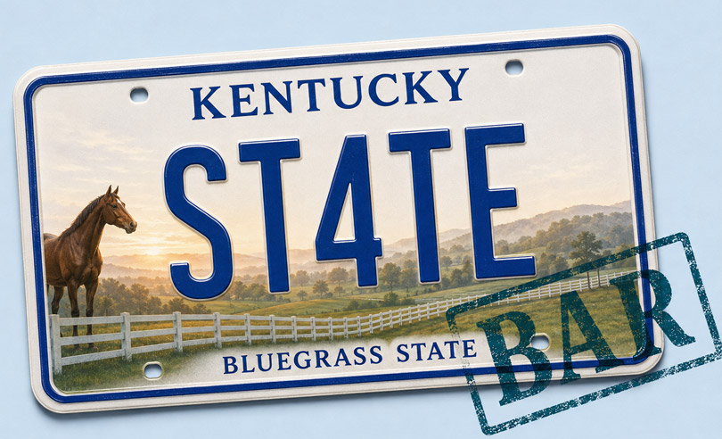 Kentucky state license plate banner for ST4TEBAR online bar exam preparation and legal courses