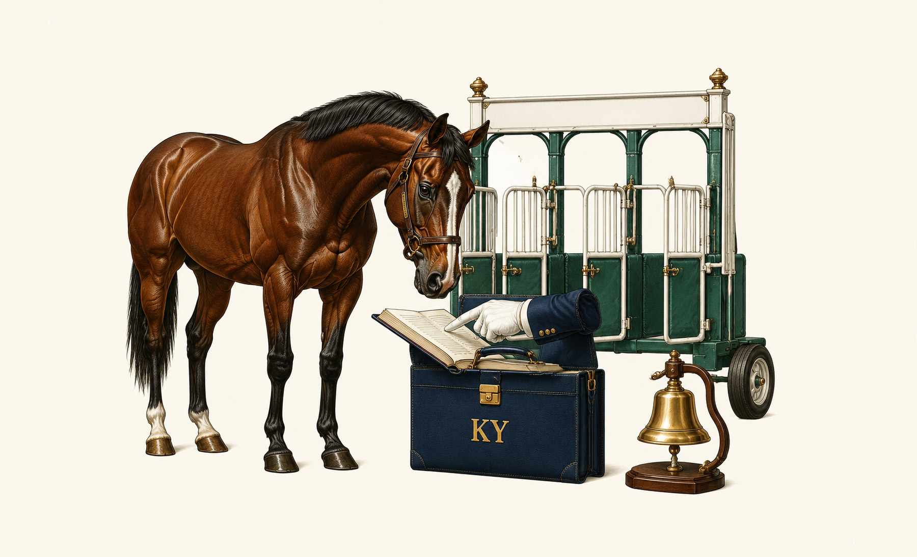 Kentucky legal humor illustration: a racehorse consulting counsel before the starting bell