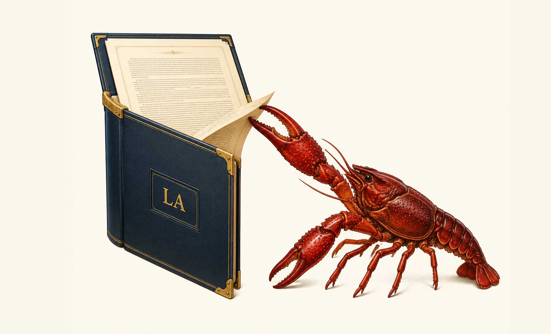 Louisiana legal humor illustration: a crawfish pinching the fine print
