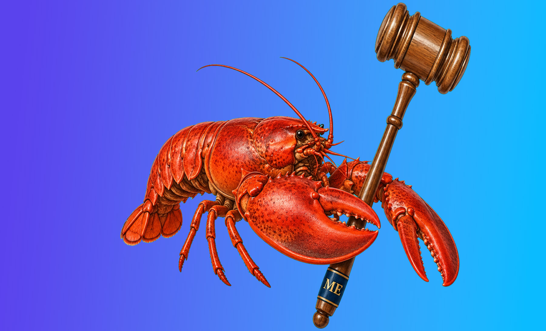 Maine legal humor illustration: a lobster gripping a judge’s gavel