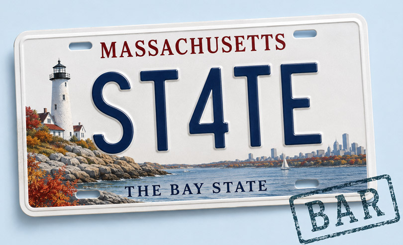 Massachusetts state license plate banner for ST4TEBAR online bar exam preparation and legal courses