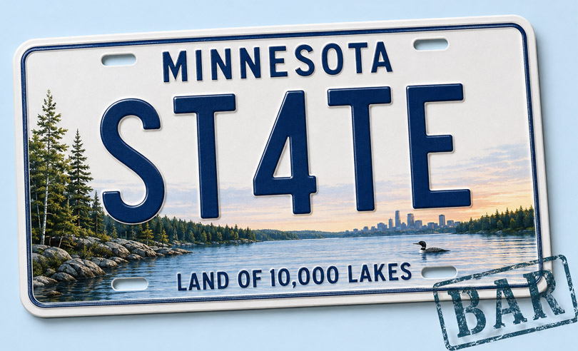 Minnesota state license plate banner for ST4TEBAR online bar exam preparation and legal courses