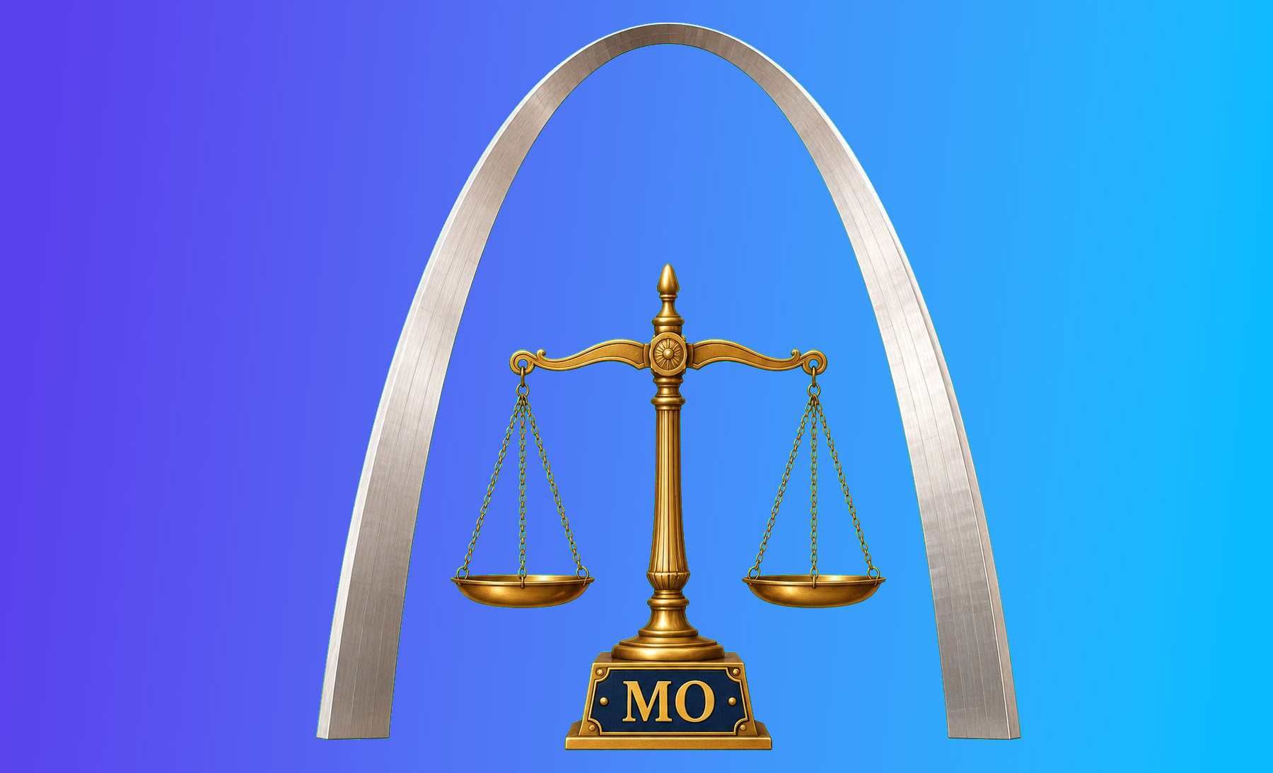 Missouri legal humor illustration: the Gateway Arch framing the scales of justice