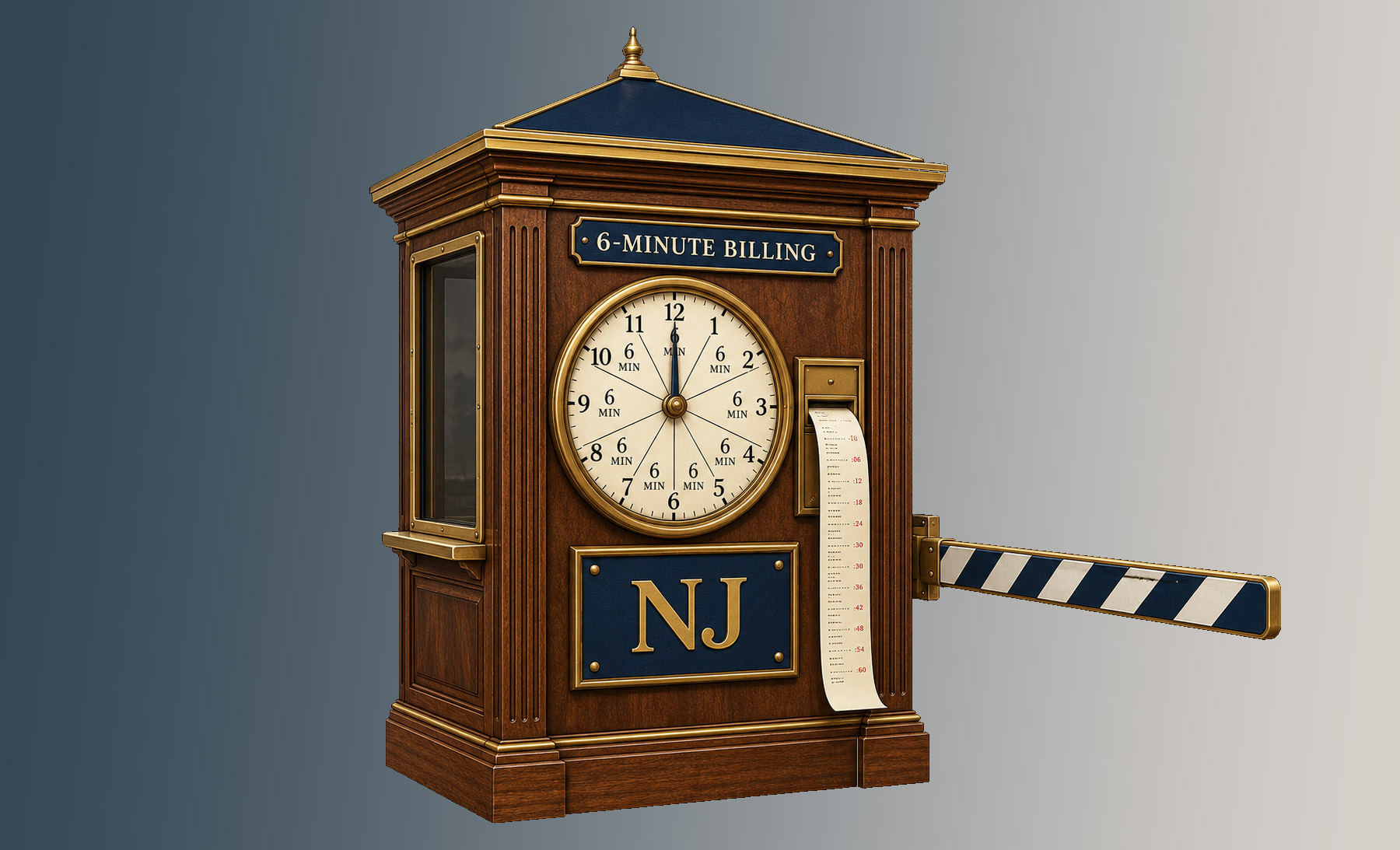 New Jersey legal humor illustration: a turnpike toll booth billing in six-minute increments