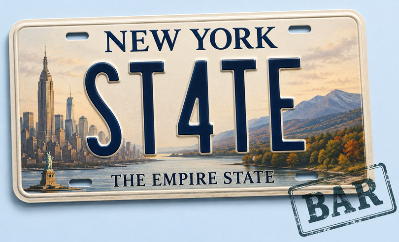 New York state license plate banner for ST4TEBAR online bar exam preparation and legal courses