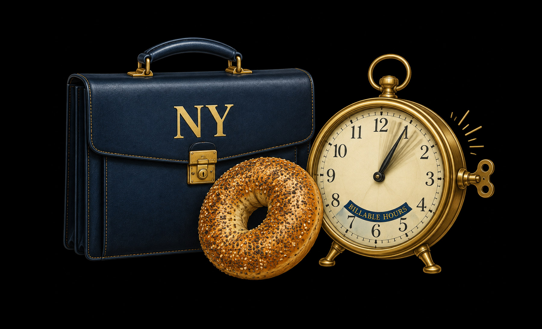 New York legal humor illustration: a briefcase, bagel and an aggressively ticking billable-hours clock