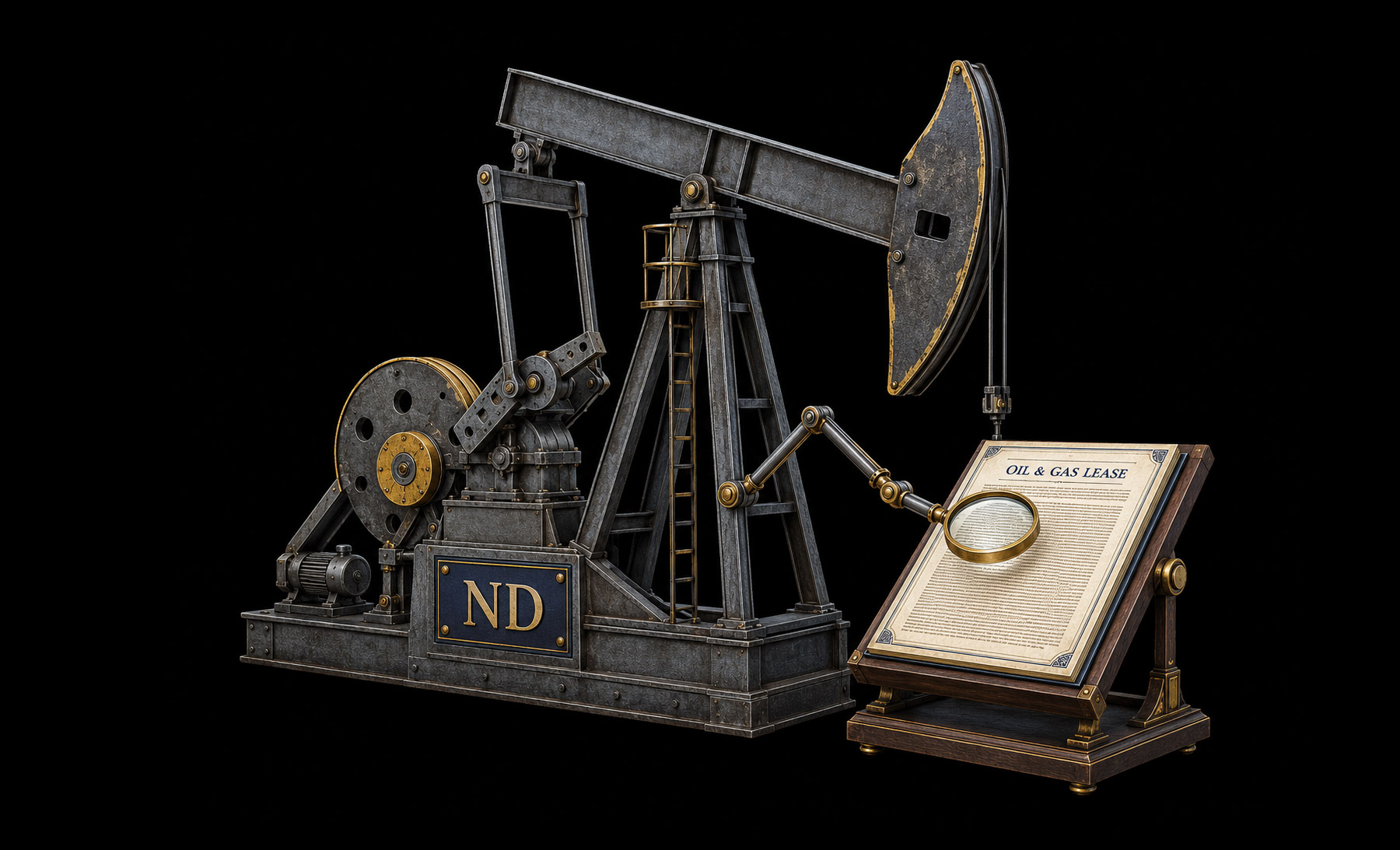 North Dakota legal humor illustration: an oil pump reviewing an oil-and-gas lease