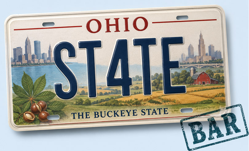Ohio state license plate banner for ST4TEBAR online bar exam preparation and legal courses