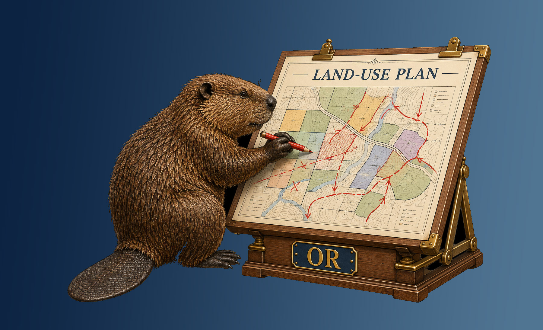 Oregon legal humor illustration: a beaver redrafting the land-use plan