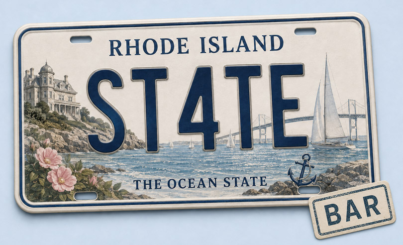 Rhode Island state license plate banner for ST4TEBAR online bar exam preparation and legal courses
