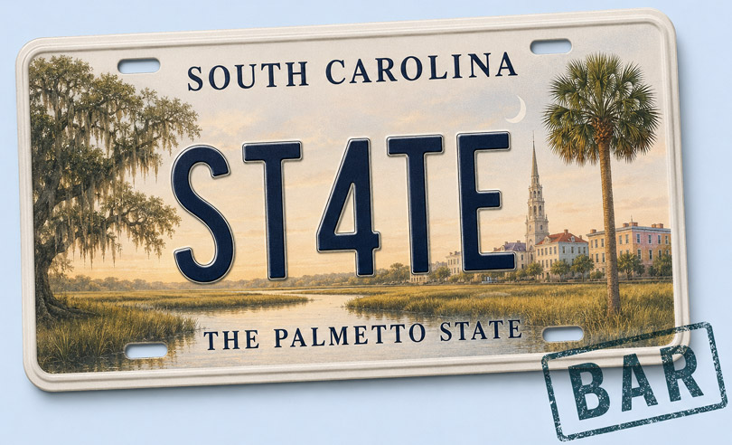 South Carolina state license plate banner for ST4TEBAR online bar exam preparation and legal courses