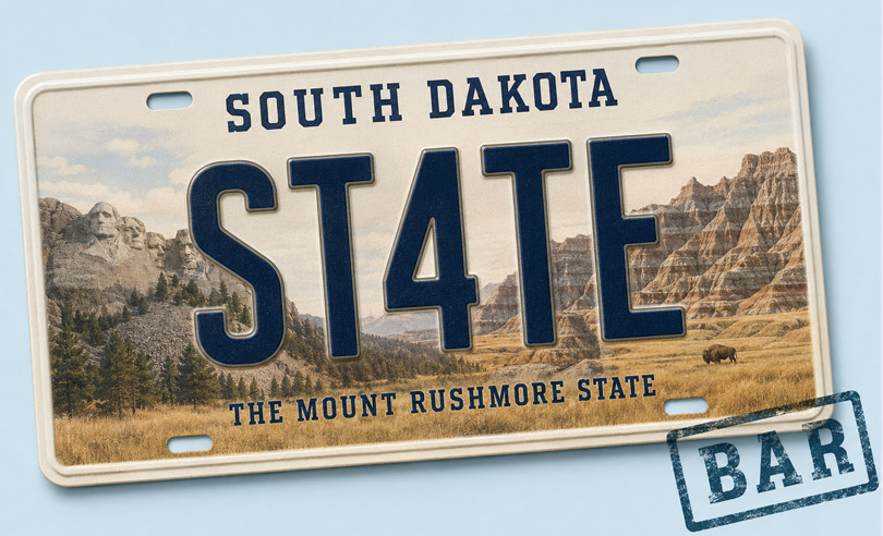 South Dakota state license plate banner for ST4TEBAR online bar exam preparation and legal courses