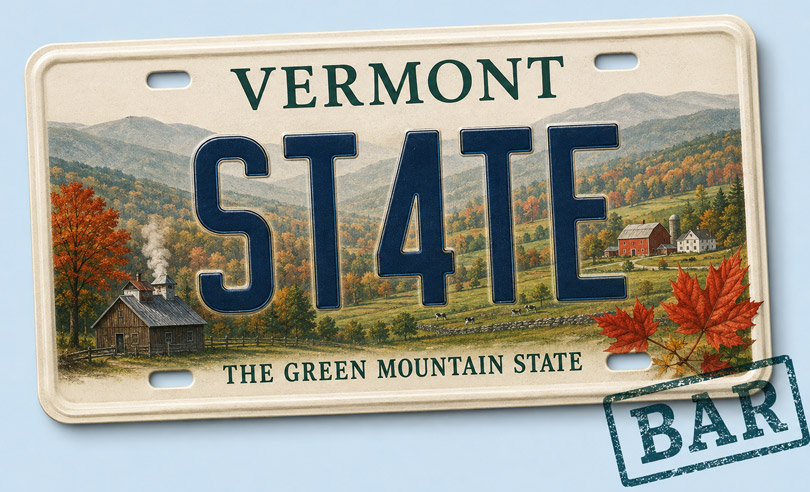 Vermont state license plate banner for ST4TEBAR online bar exam preparation and legal courses