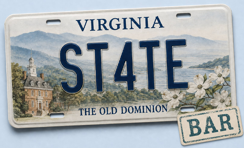 Virginia state license plate banner for ST4TEBAR online bar exam preparation and legal courses