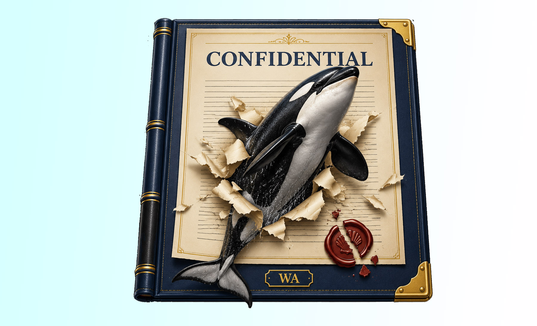 Washington legal humor illustration: an orca breaching confidentiality