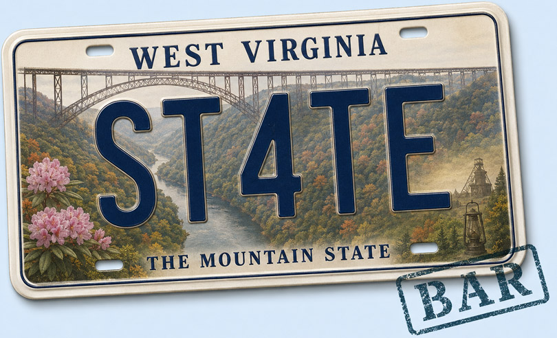 West Virginia state license plate banner for ST4TEBAR online bar exam preparation and legal courses