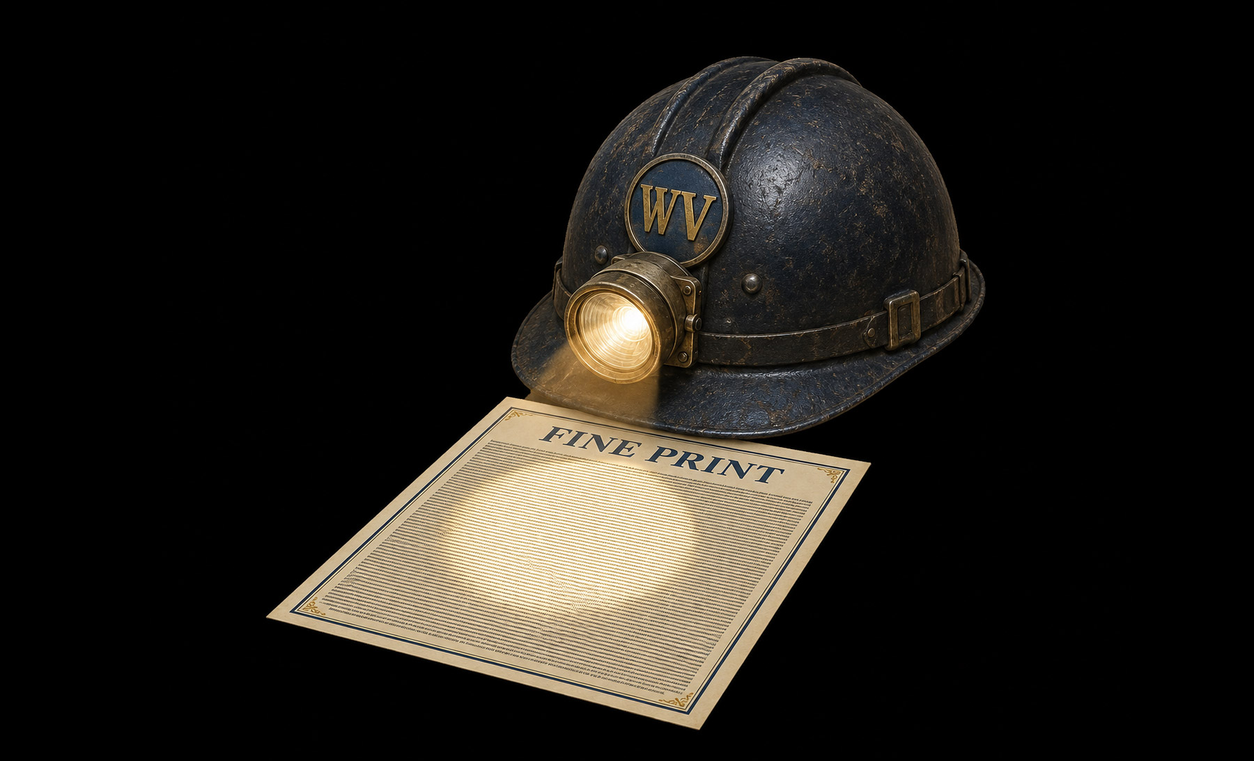 West Virginia legal humor illustration: a coal miner examining the fine print under a headlamp